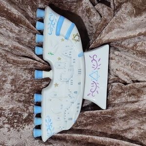 White & Blue Ceramic Menorah on Pedestal Jerusalem City Scape Scene 12" x 6.5"